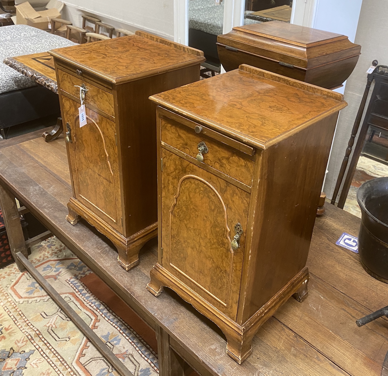 A pair of Queen Anne revival walnut bedside cabinets, Hamptons of Kensington, width 38cm, depth 37cm, height 74cm
